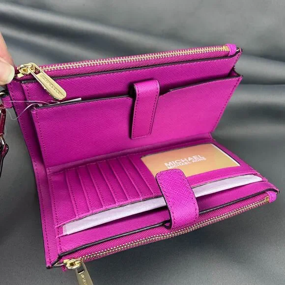 Michael Kors Pink Fuschia Leather Jet Set Travel Double Zip Wristlet Wallet - Picture 4 of 16